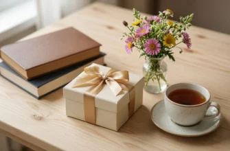 Подарок учителю — коробка, цветы и книги на столе